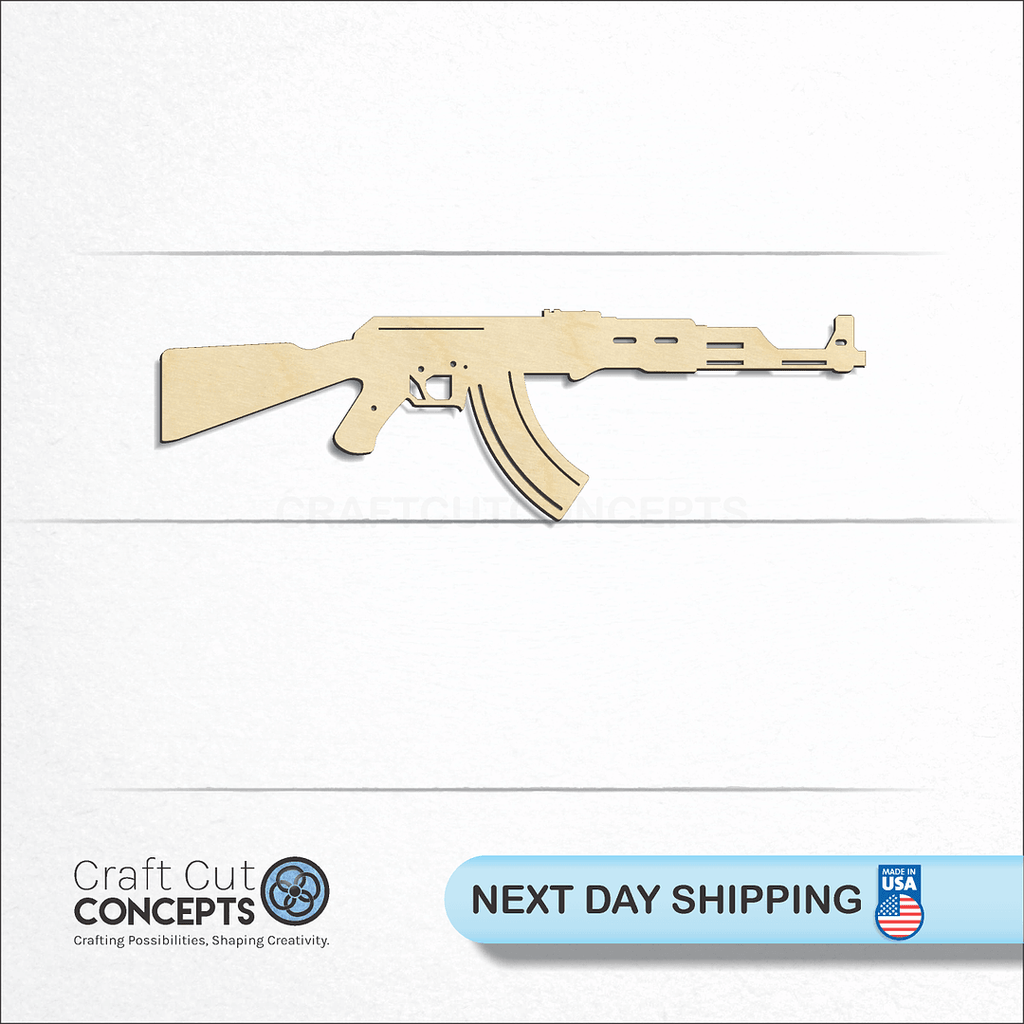 Craft Cut Concepts logo and next day shipping banner with an unfinished wood AK-47 craft shape and blank