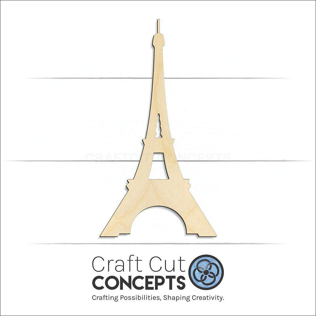 Craft Cut Concepts Logo under a wood Eiffel Tower craft shape and blank