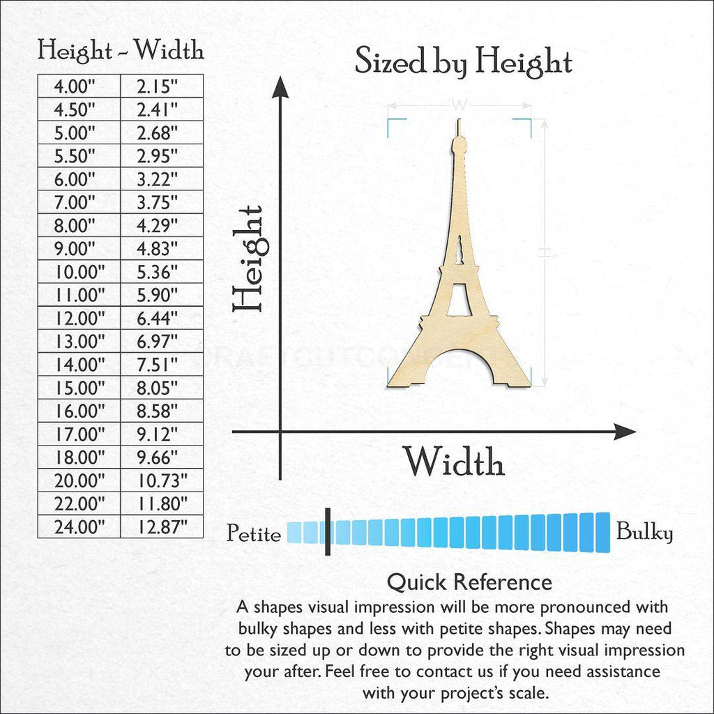 Sizes available for a laser cut Eiffel Tower craft blank