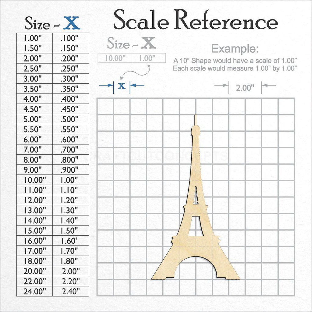 A scale and graph image showing a wood Eiffel Tower craft blank