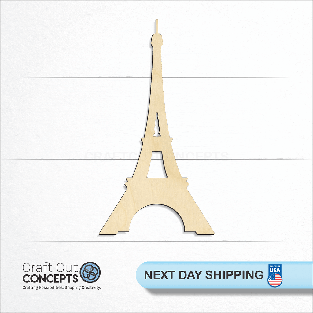 Craft Cut Concepts logo and next day shipping banner with an unfinished wood Eiffel Tower craft shape and blank