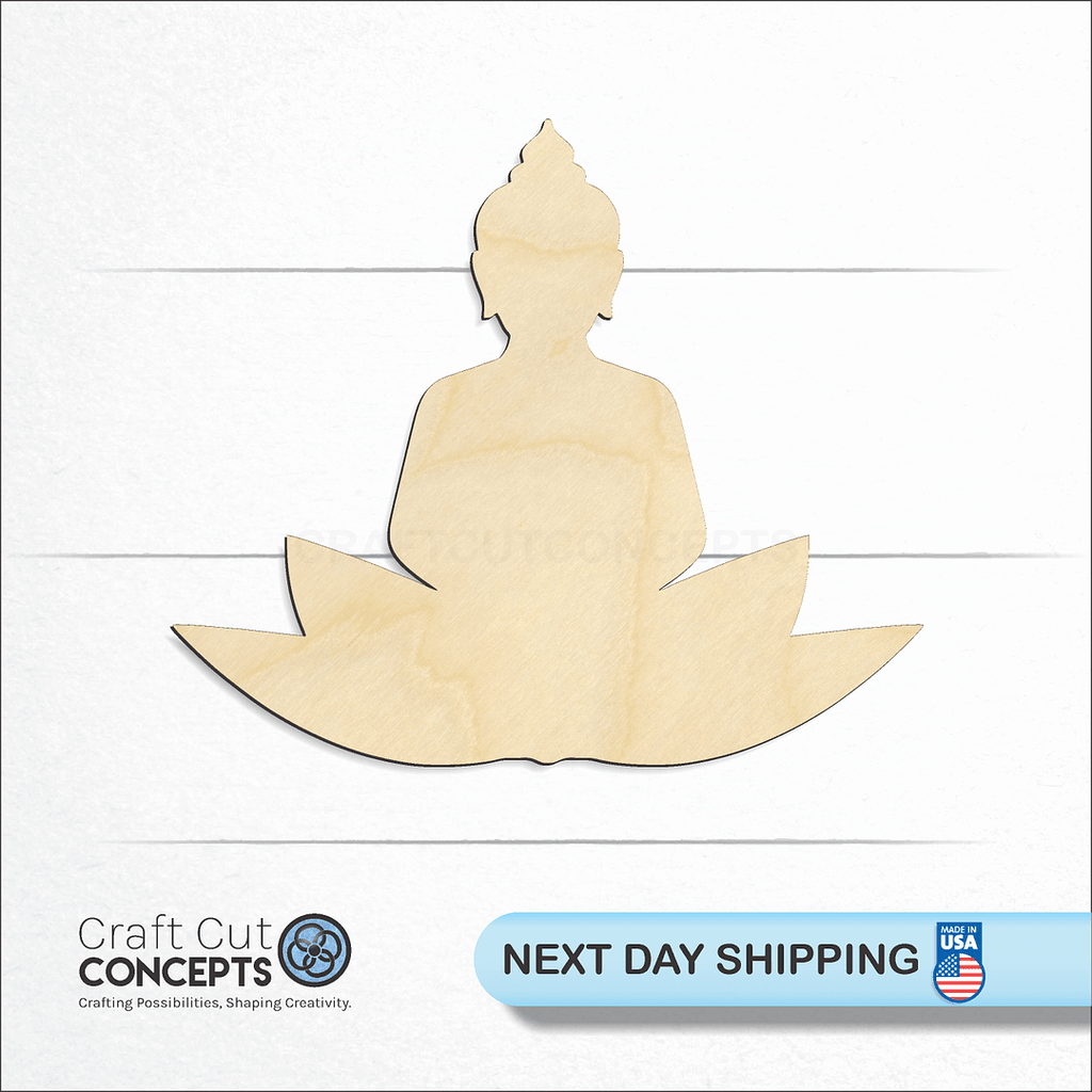 Craft Cut Concepts logo and next day shipping banner with an unfinished wood Buddha craft shape and blank