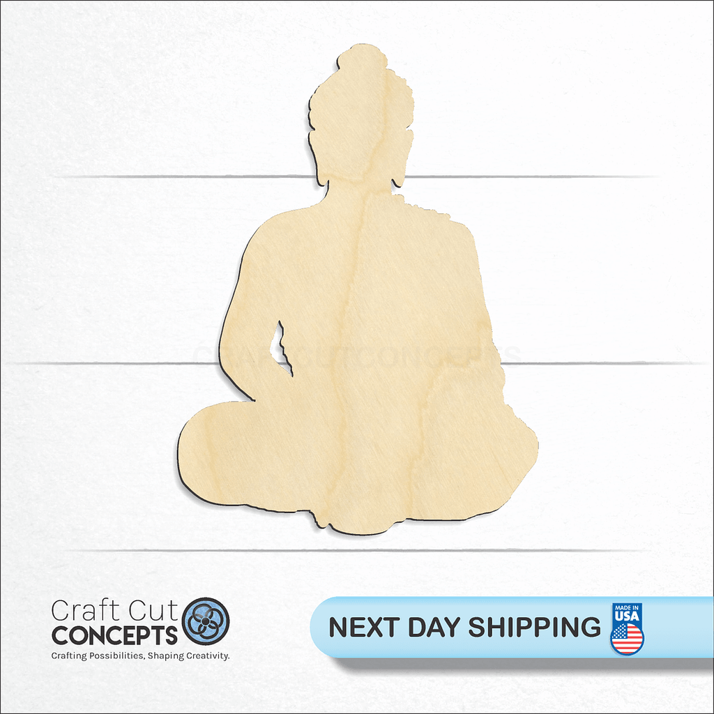 Craft Cut Concepts logo and next day shipping banner with an unfinished wood Budda craft shape and blank