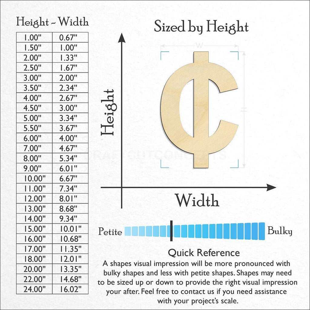 Sizes available for a laser cut Cent Symbol craft blank