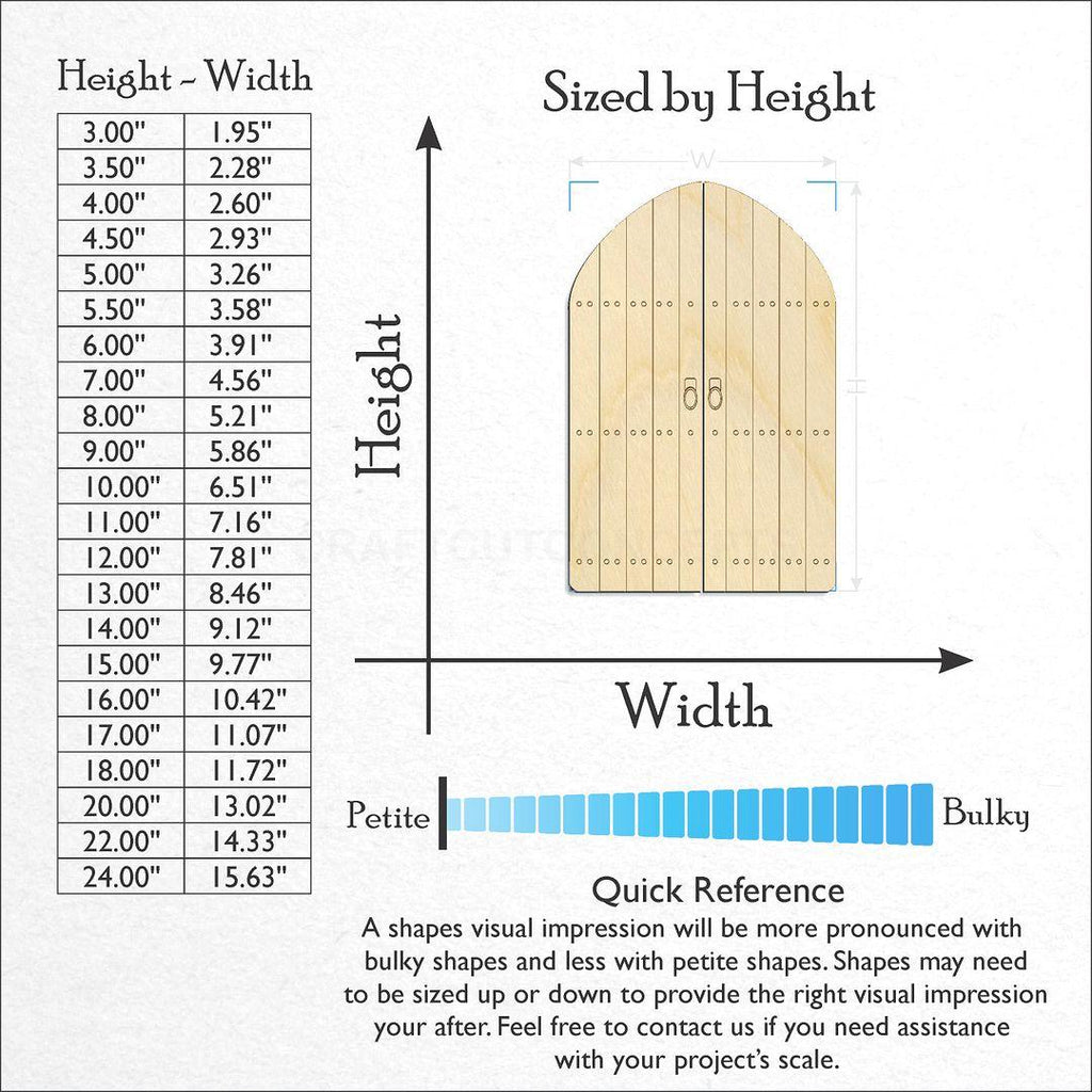 Sizes available for a laser cut Fairy Castle Door craft blank