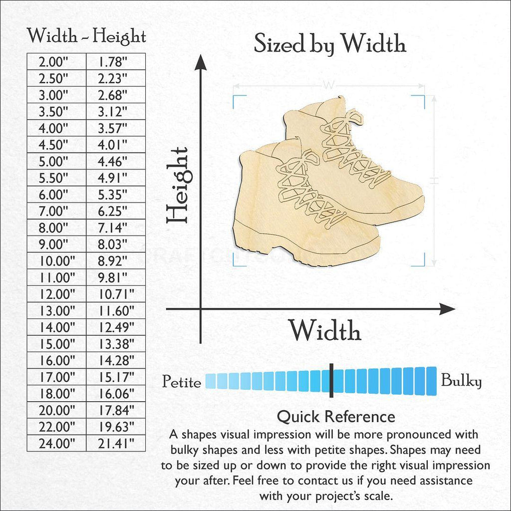 Sizes available for a laser cut Hiking Boots Pair craft blank