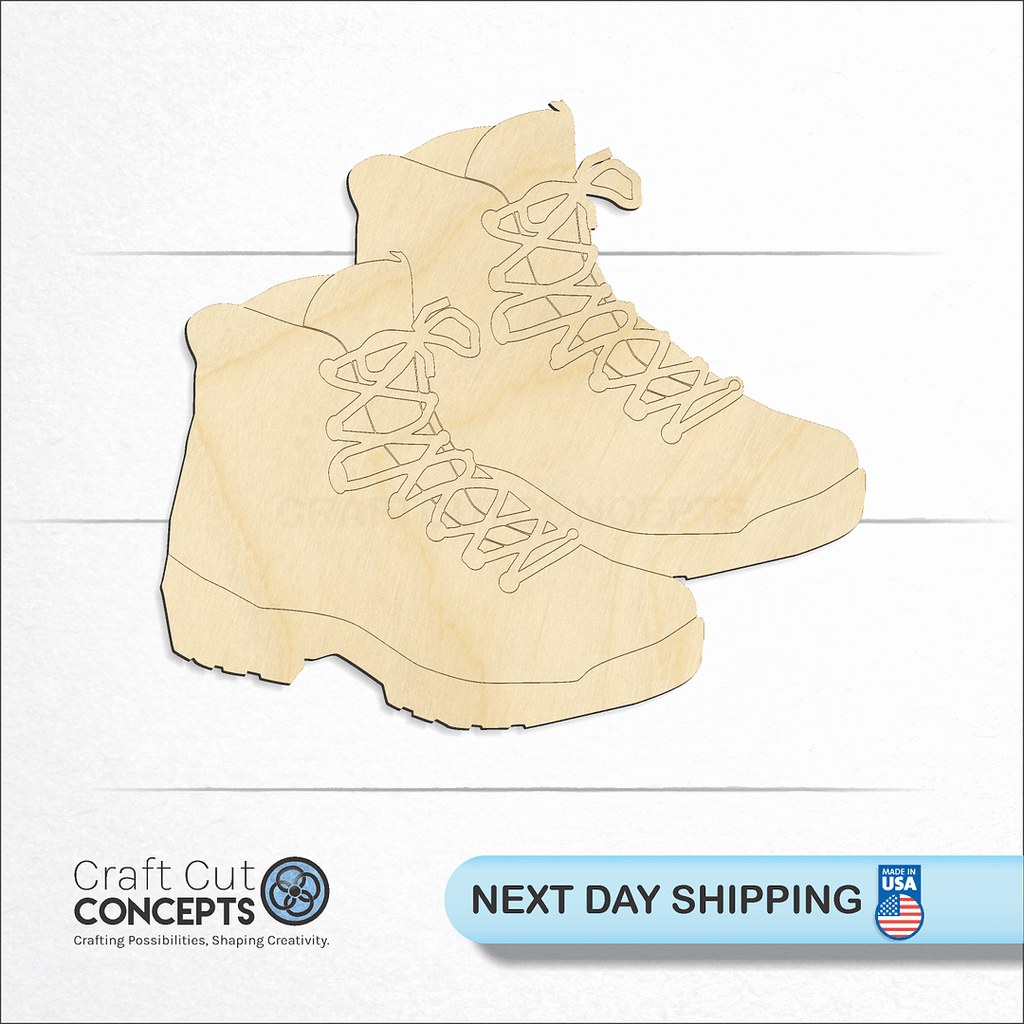 Craft Cut Concepts logo and next day shipping banner with an unfinished wood Hiking Boots Pair craft shape and blank