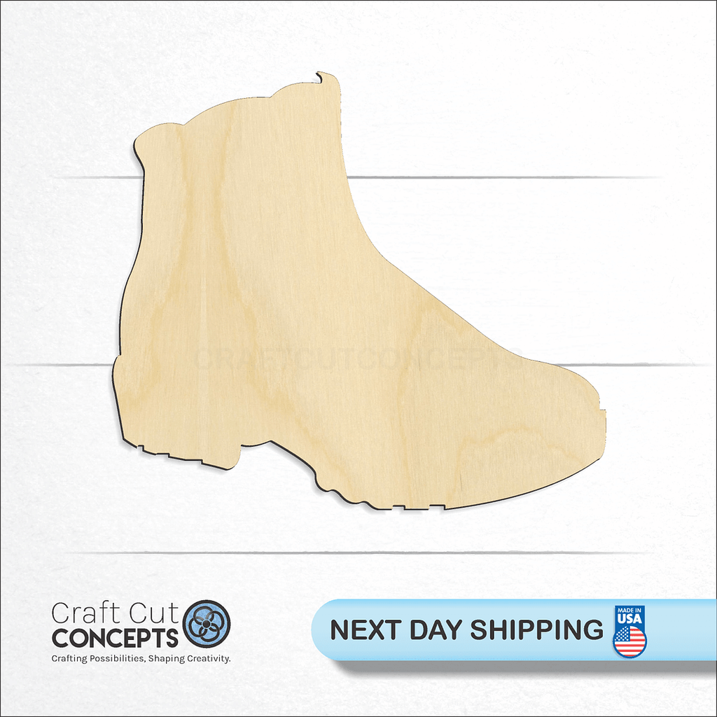 Craft Cut Concepts logo and next day shipping banner with an unfinished wood Hiking Boots craft shape and blank