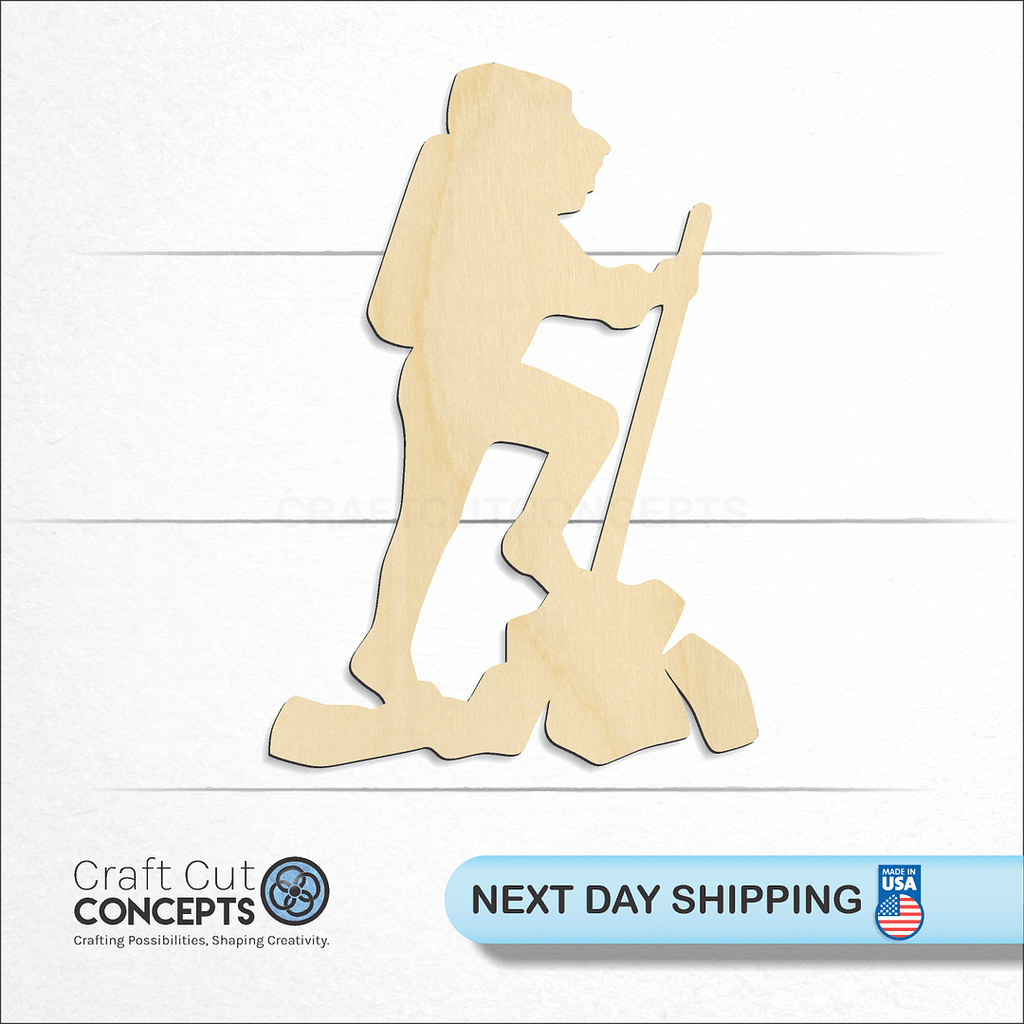 Craft Cut Concepts logo and next day shipping banner with an unfinished wood Hiker craft shape and blank