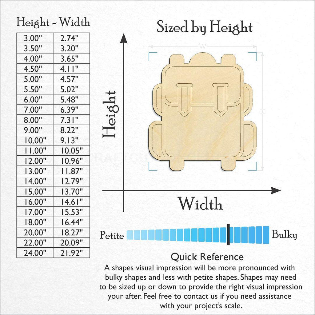 Sizes available for a laser cut Hiker Backpack craft blank