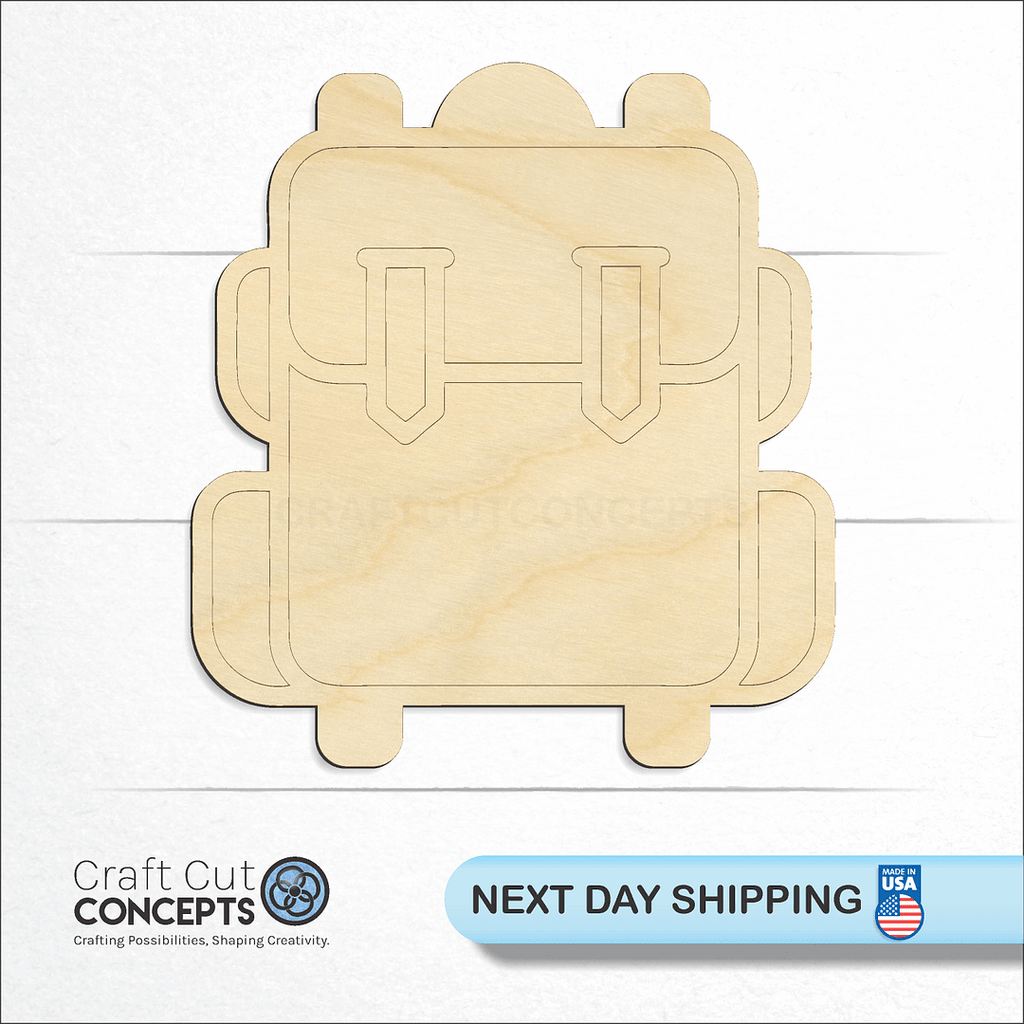 Craft Cut Concepts logo and next day shipping banner with an unfinished wood Hiker Backpack craft shape and blank