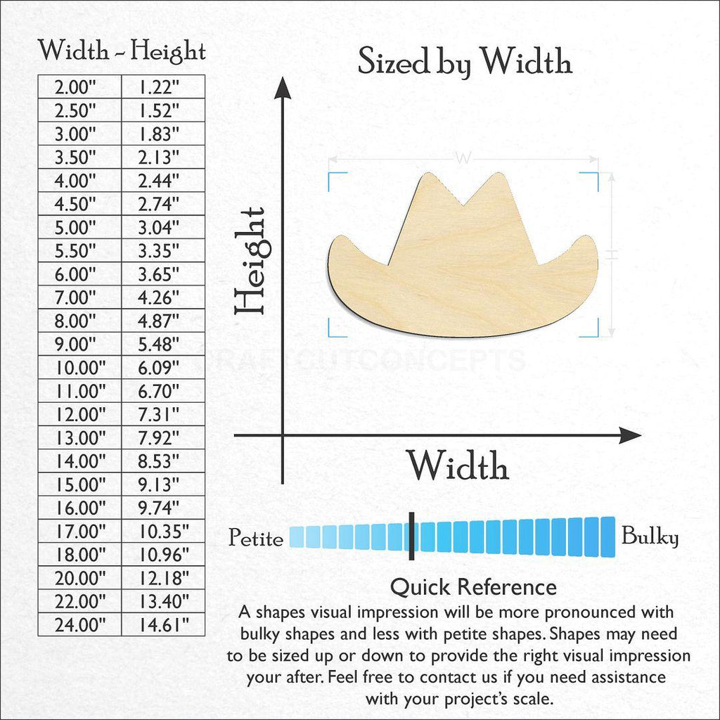 Sizes available for a laser cut Cowboy Hat craft blank