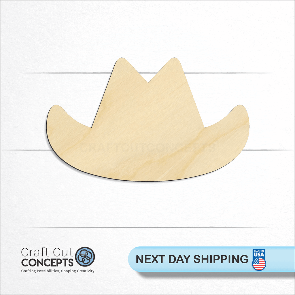 Craft Cut Concepts logo and next day shipping banner with an unfinished wood Cowboy Hat craft shape and blank