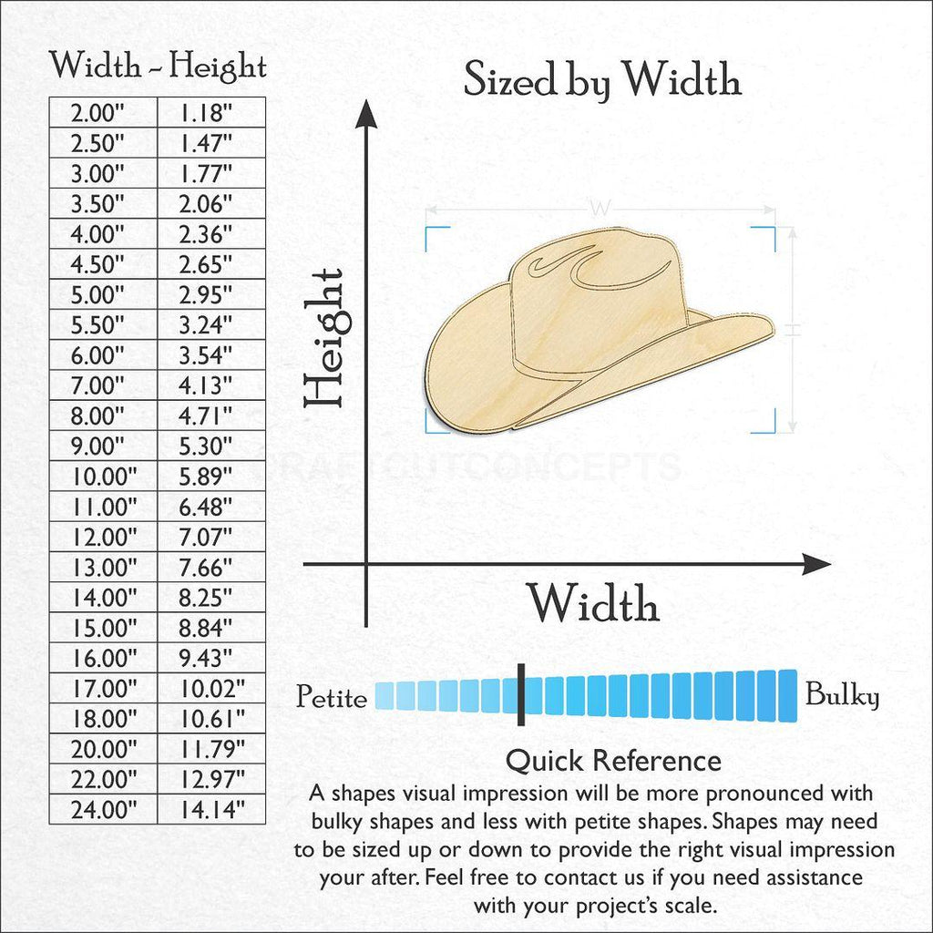 Sizes available for a laser cut Cowboy Hat craft blank