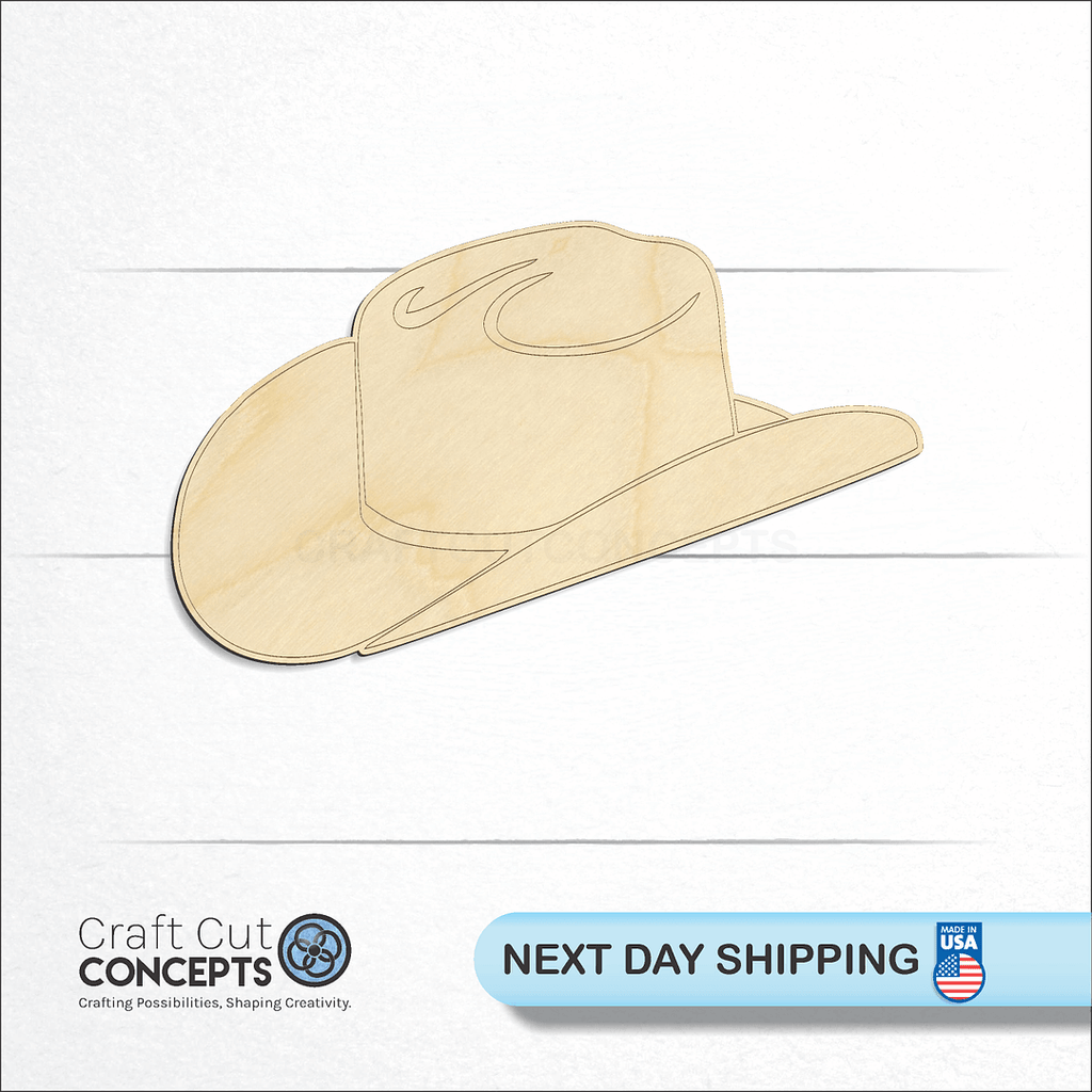 Craft Cut Concepts logo and next day shipping banner with an unfinished wood Cowboy Hat craft shape and blank