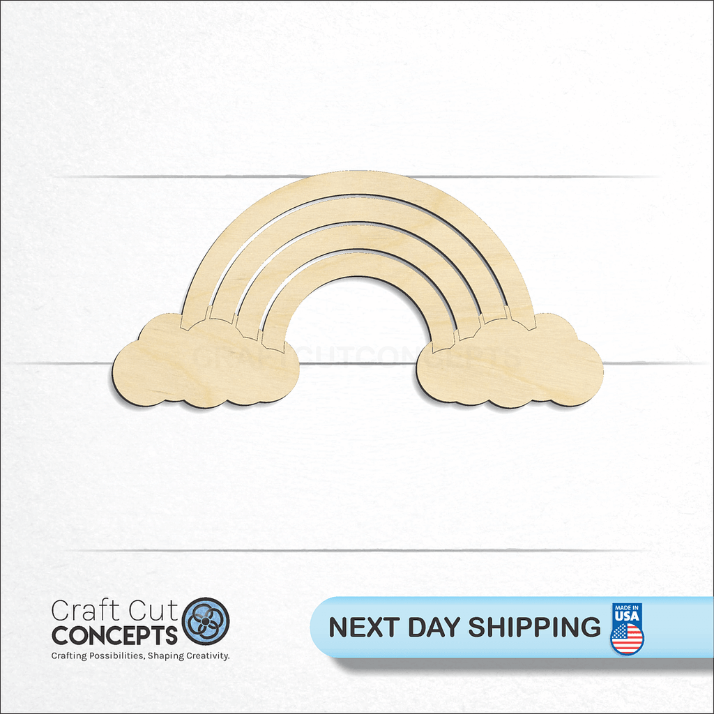 Craft Cut Concepts logo and next day shipping banner with an unfinished wood Cloud Rainbow craft shape and blank