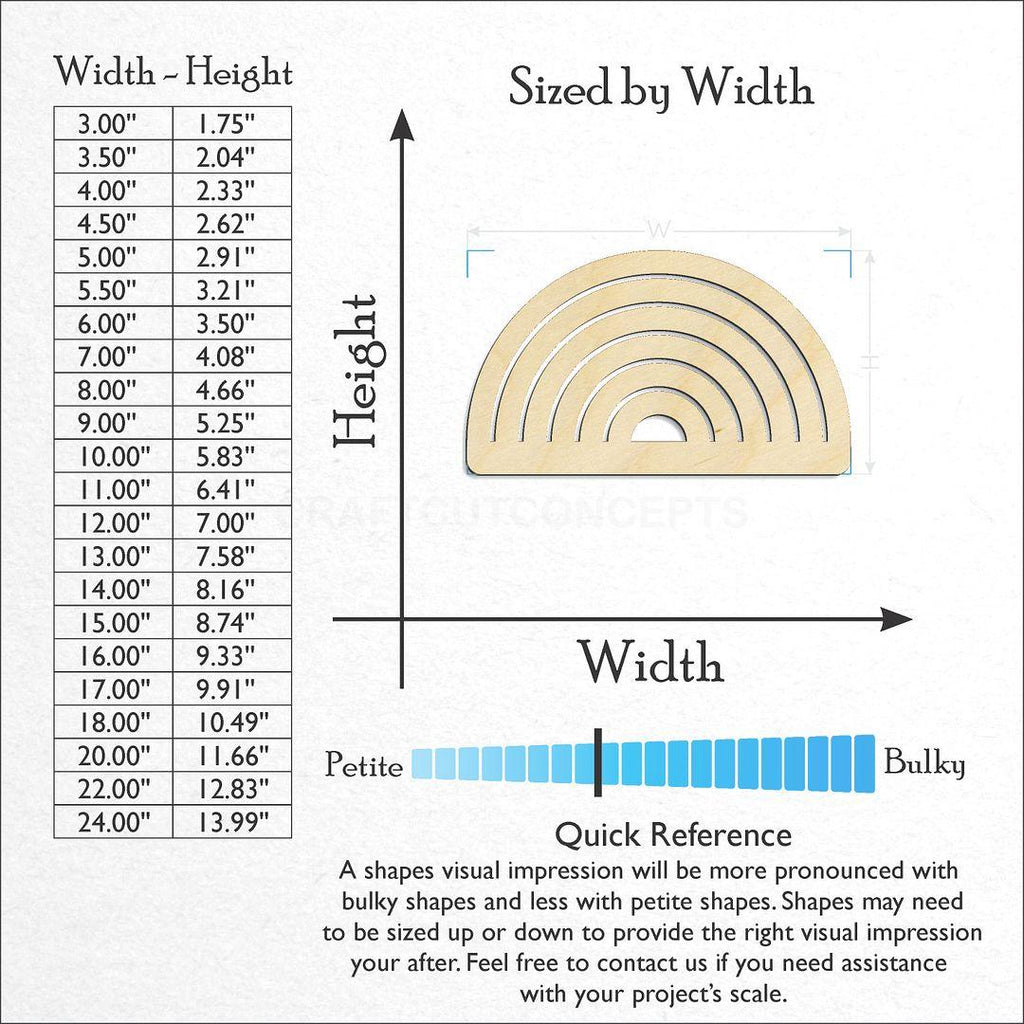 Sizes available for a laser cut Six Rainbow Wide craft blank