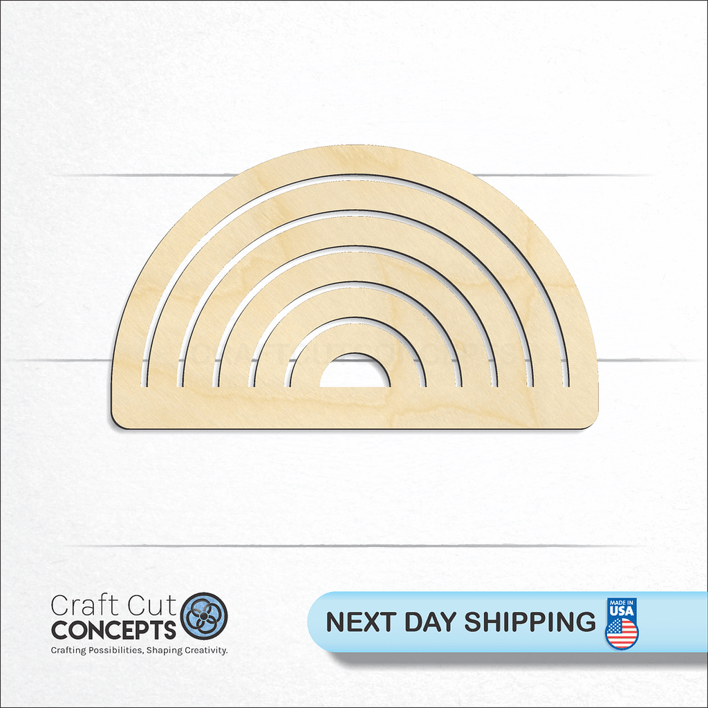 Craft Cut Concepts logo and next day shipping banner with an unfinished wood Six Rainbow Wide craft shape and blank