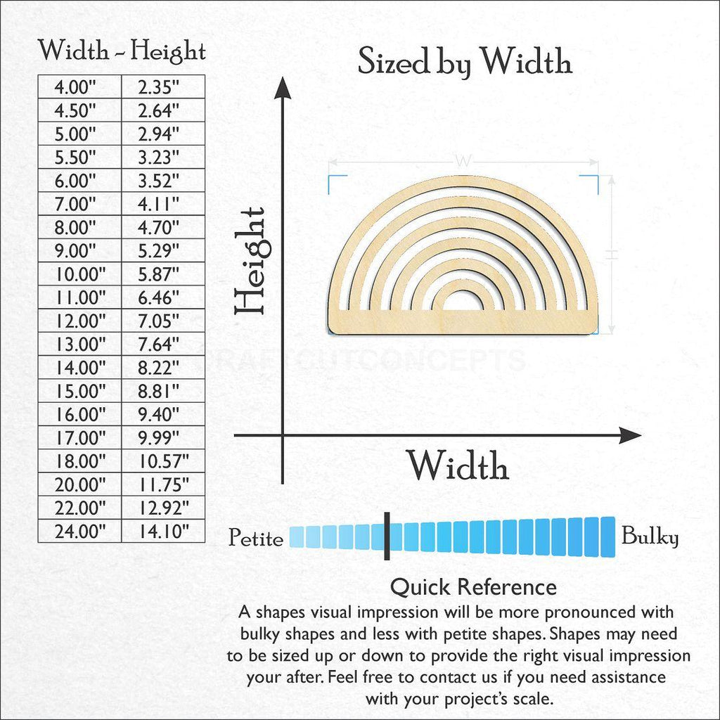 Sizes available for a laser cut Six Rainbow Narrow craft blank