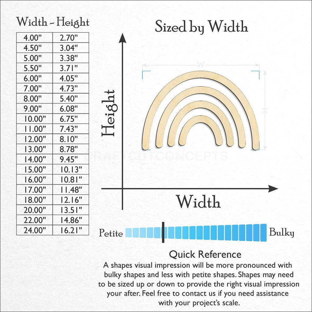 Sizes available for a laser cut Multiple Piece Rainbow craft blank