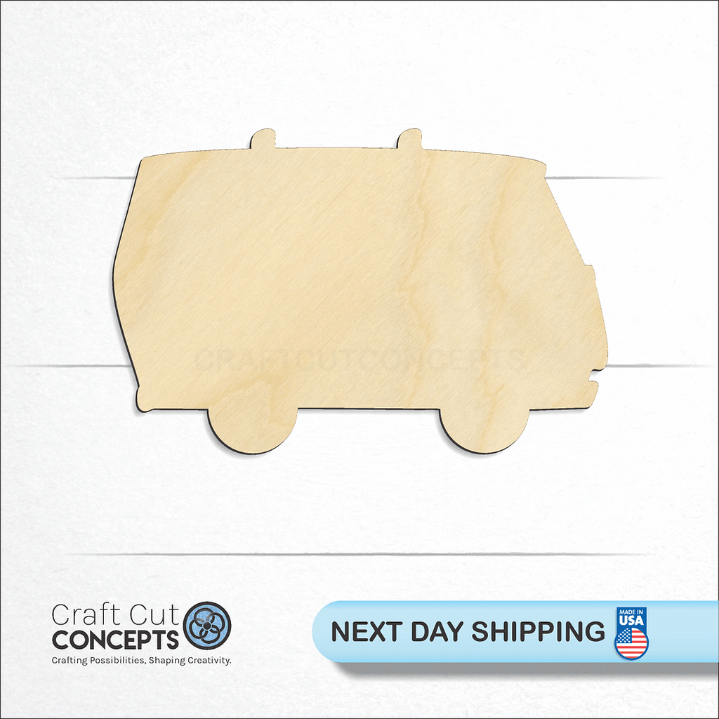 Craft Cut Concepts logo and next day shipping banner with an unfinished wood Hippie Van craft shape and blank