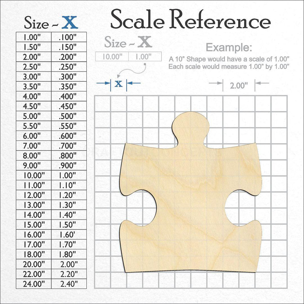 A scale and graph image showing a wood Puzzle Piece craft blank