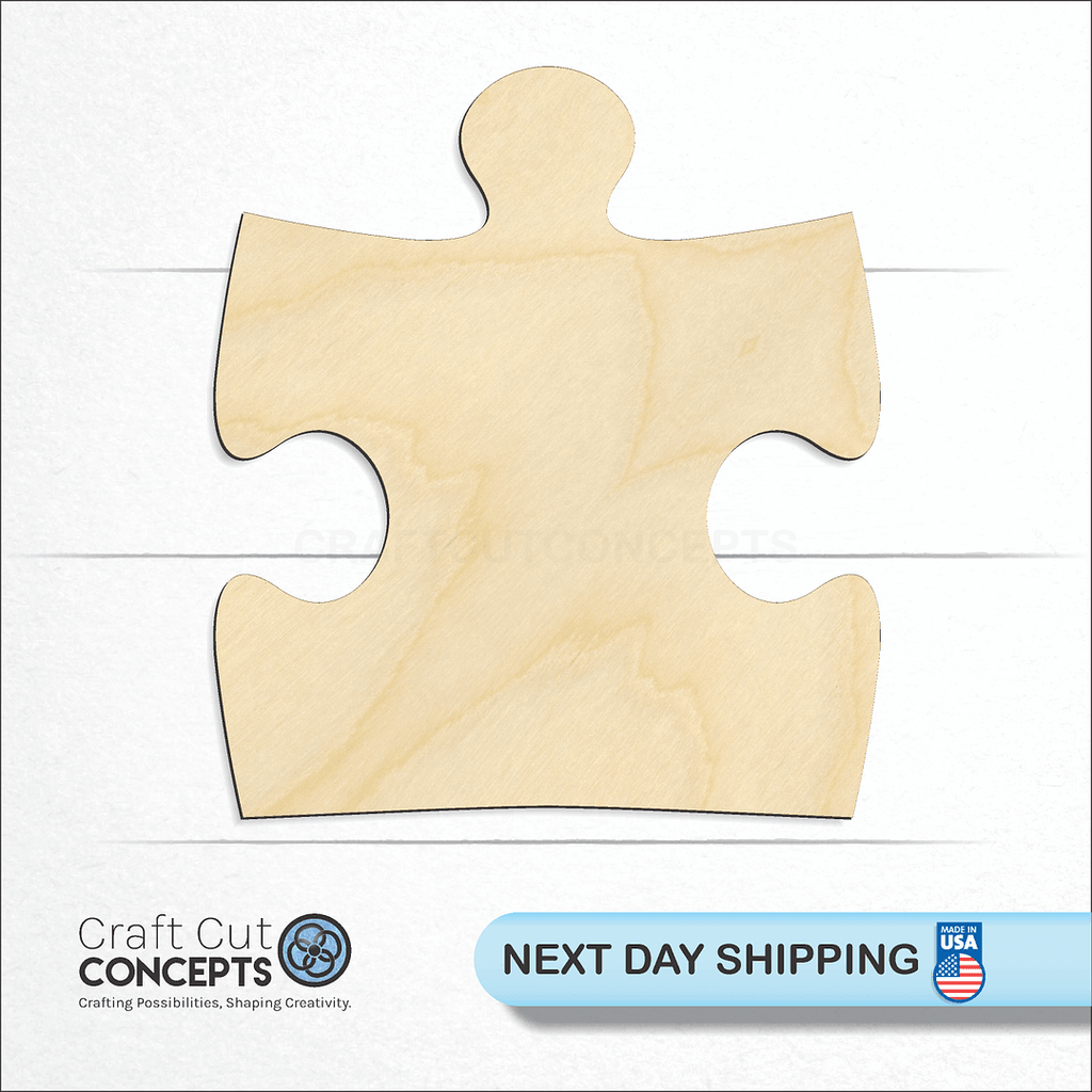 Craft Cut Concepts logo and next day shipping banner with an unfinished wood Puzzle Piece craft shape and blank