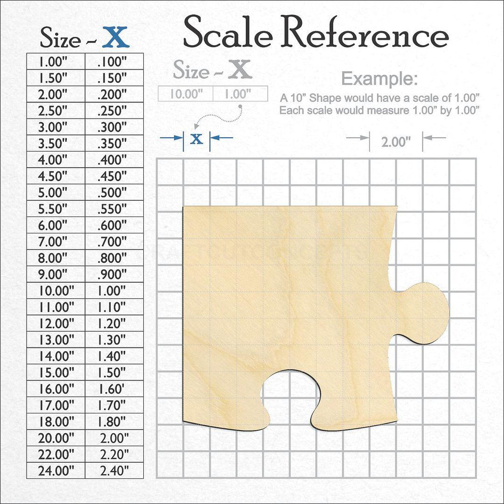 A scale and graph image showing a wood Puzzle Piece craft blank