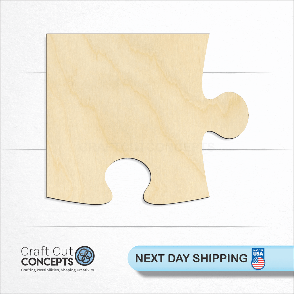 Craft Cut Concepts logo and next day shipping banner with an unfinished wood Puzzle Piece craft shape and blank