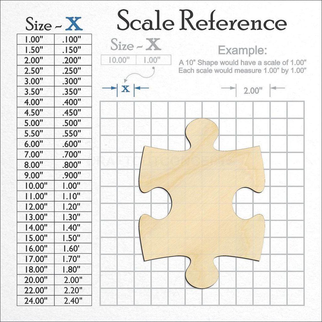 A scale and graph image showing a wood Puzzle Piece craft blank