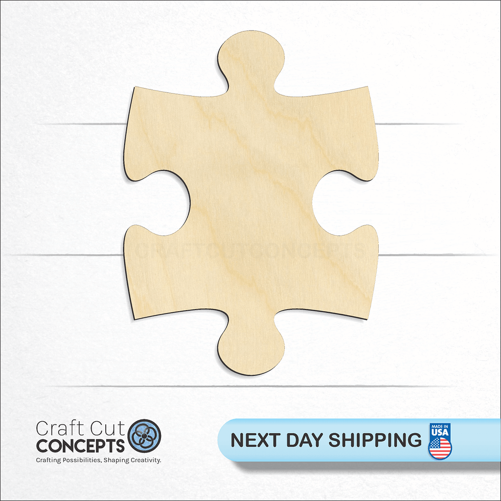 Craft Cut Concepts logo and next day shipping banner with an unfinished wood Puzzle Piece craft shape and blank