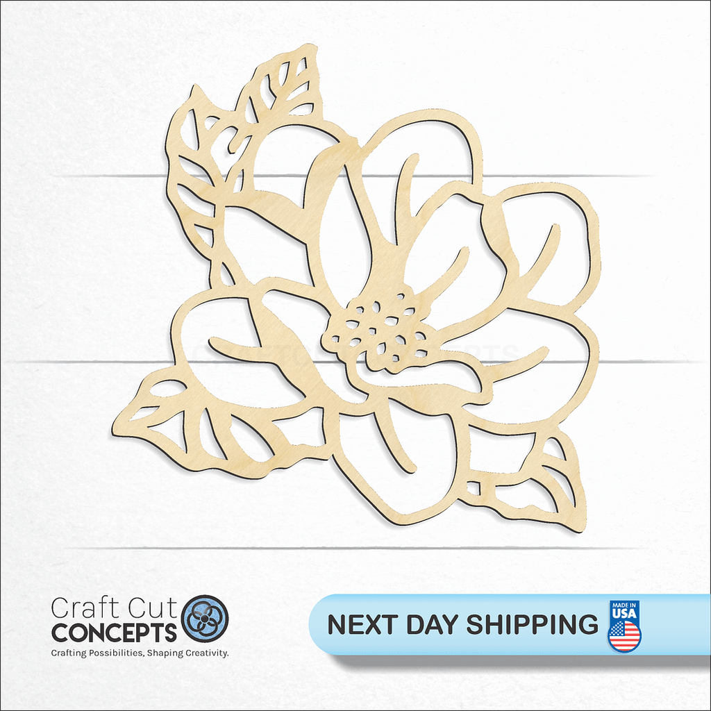 Craft Cut Concepts logo and next day shipping banner with an unfinished wood Flower - Magnolia craft shape and blank