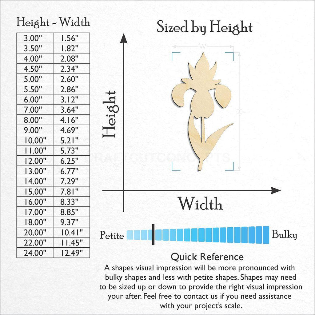 Sizes available for a laser cut Flower - Iris craft blank