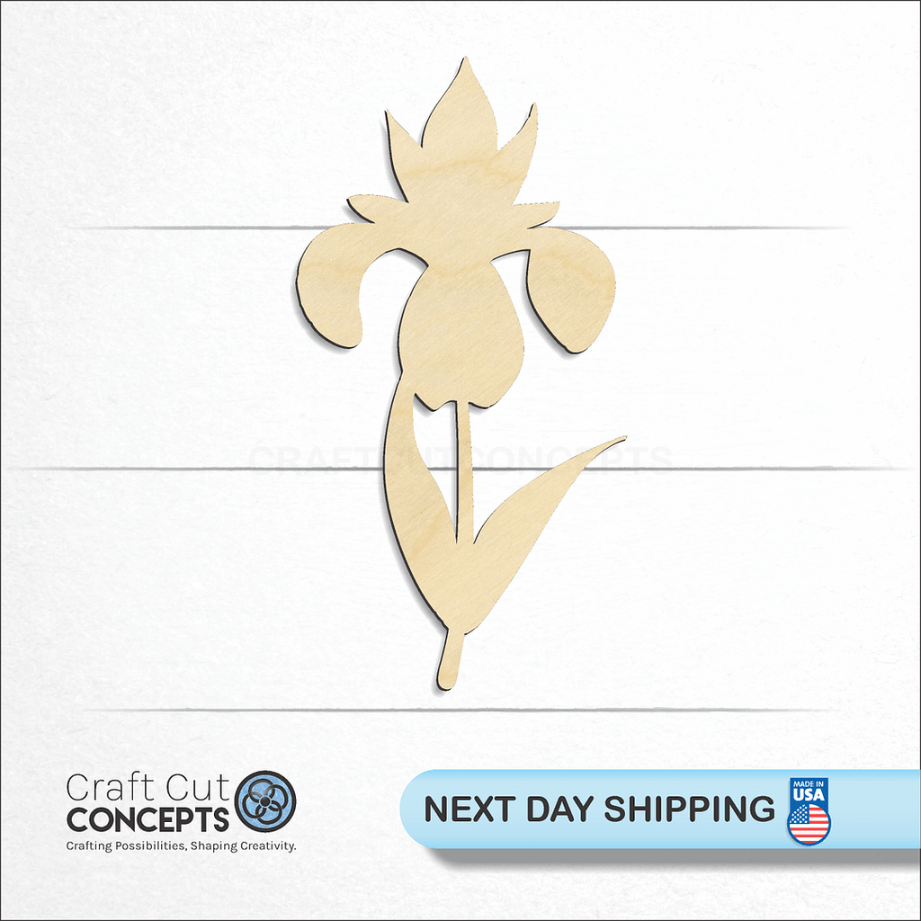 Craft Cut Concepts logo and next day shipping banner with an unfinished wood Flower - Iris craft shape and blank