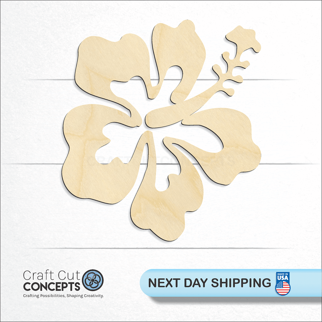 Craft Cut Concepts logo and next day shipping banner with an unfinished wood Flower - Hibiscus craft shape and blank