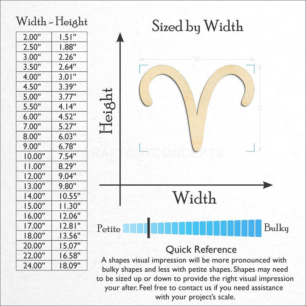 Sizes available for a laser cut Zodiac - Aries craft blank
