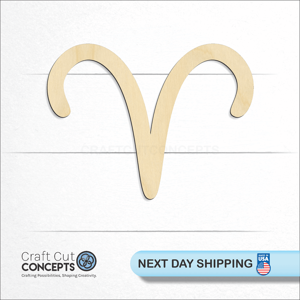 Craft Cut Concepts logo and next day shipping banner with an unfinished wood Zodiac - Aries craft shape and blank