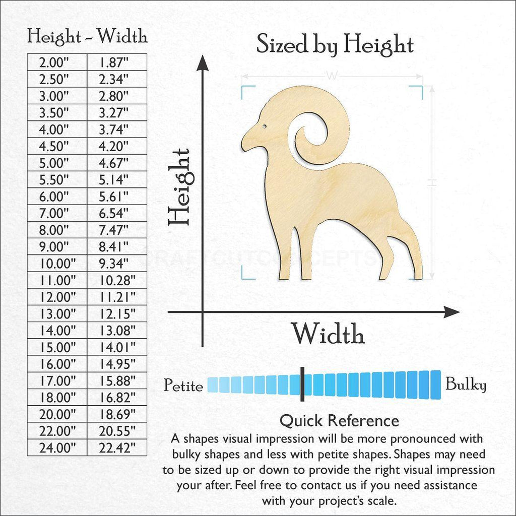 Sizes available for a laser cut Zodiac - Aries craft blank