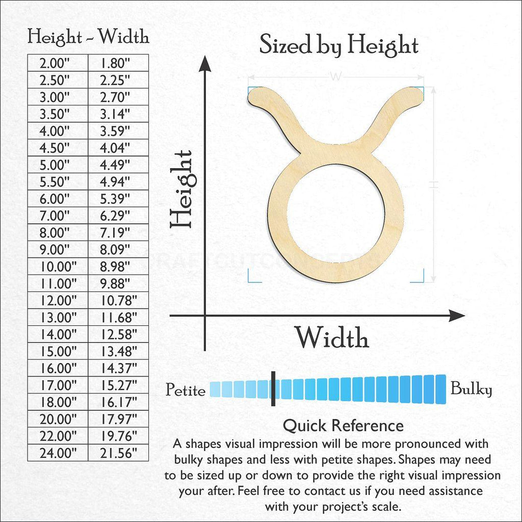 Sizes available for a laser cut Zodiac - Taurus craft blank