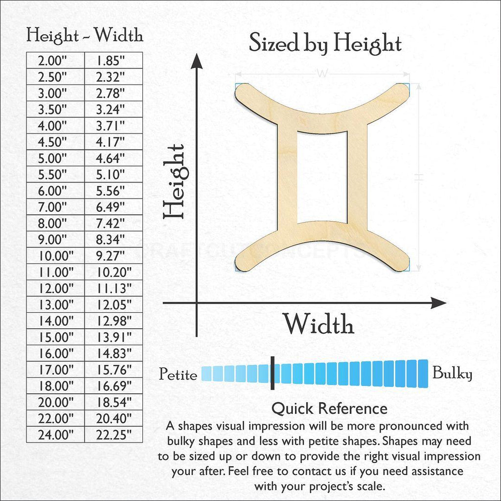 Sizes available for a laser cut Zodiac - Gemini craft blank