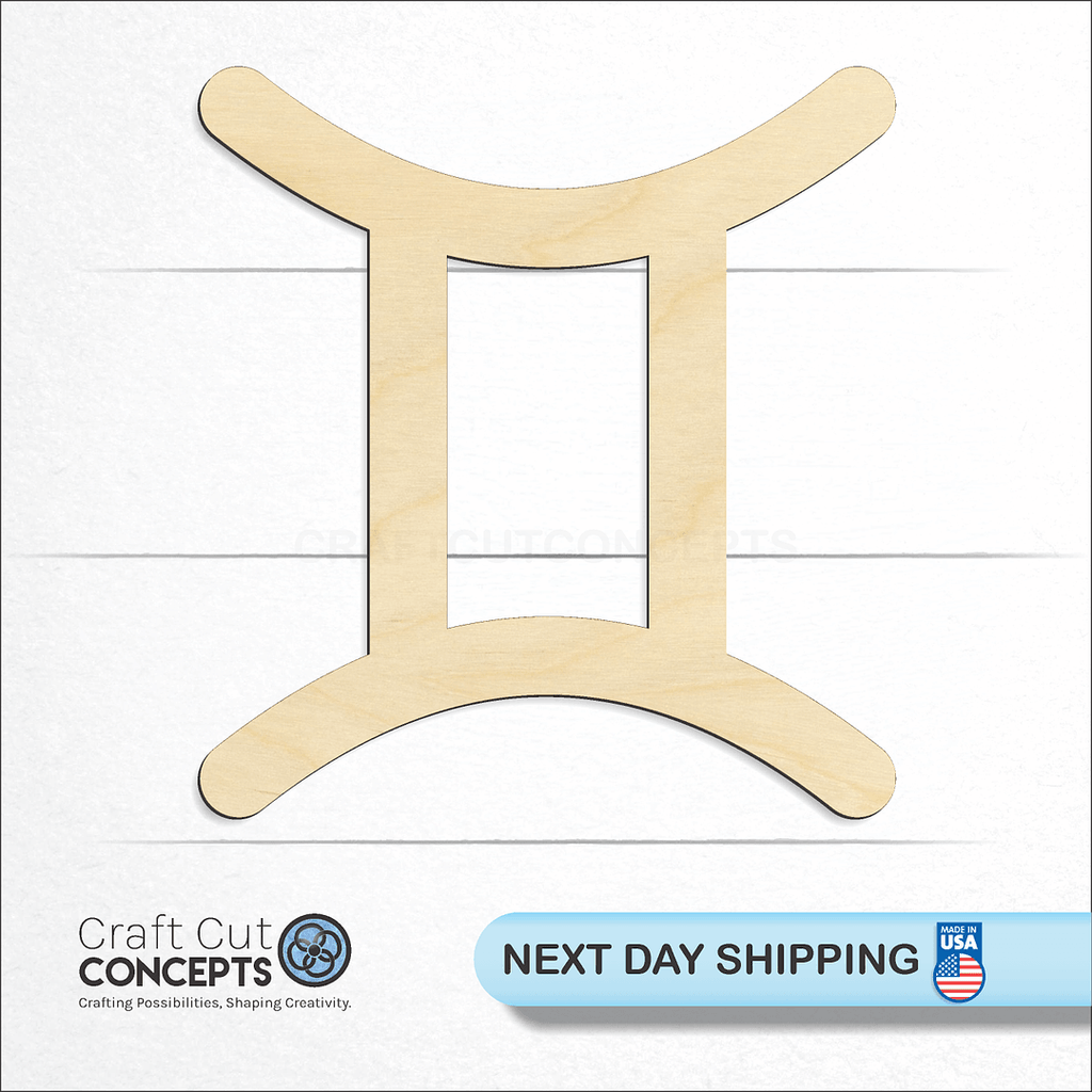 Craft Cut Concepts logo and next day shipping banner with an unfinished wood Zodiac - Gemini craft shape and blank