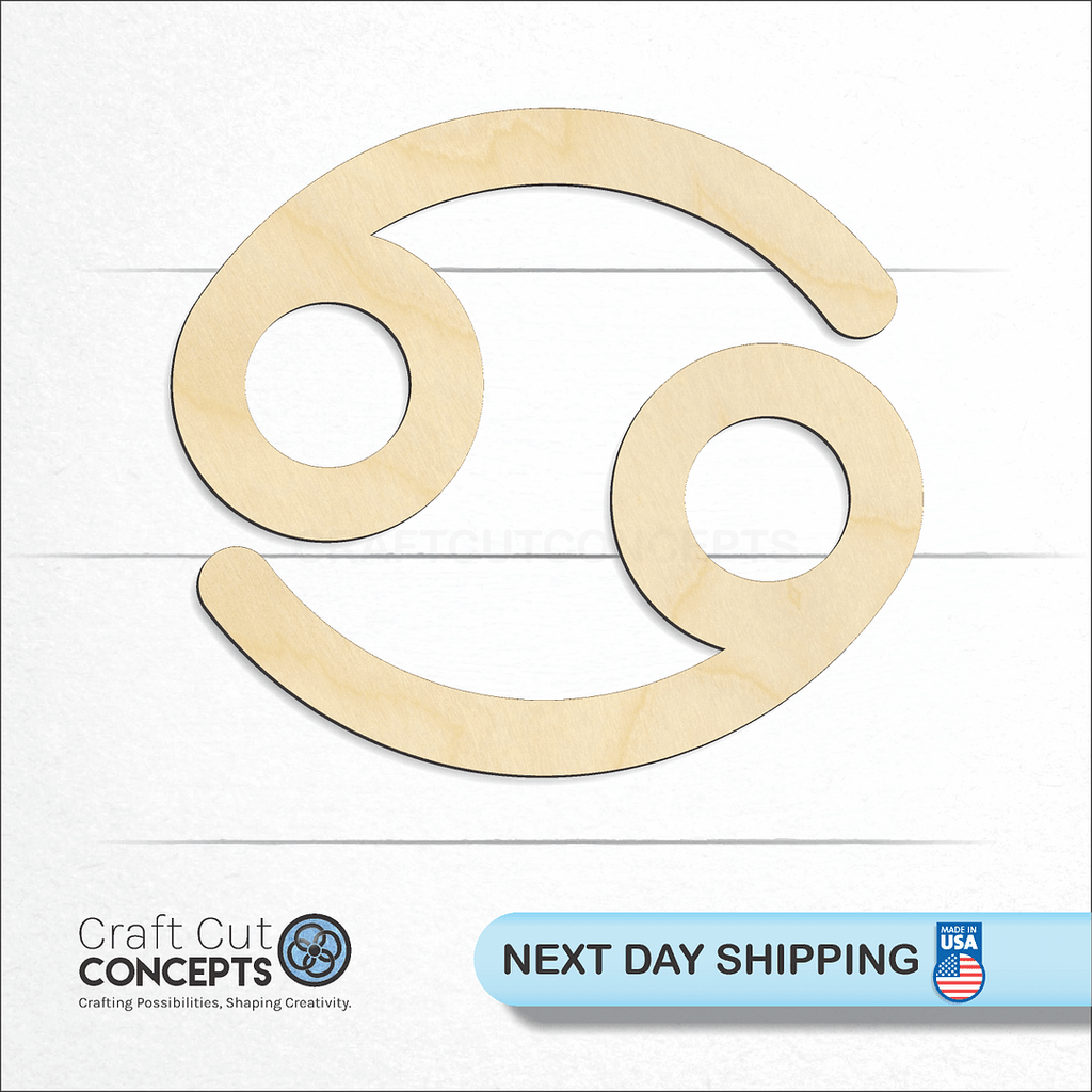 Craft Cut Concepts logo and next day shipping banner with an unfinished wood Zodiac - Cancer craft shape and blank