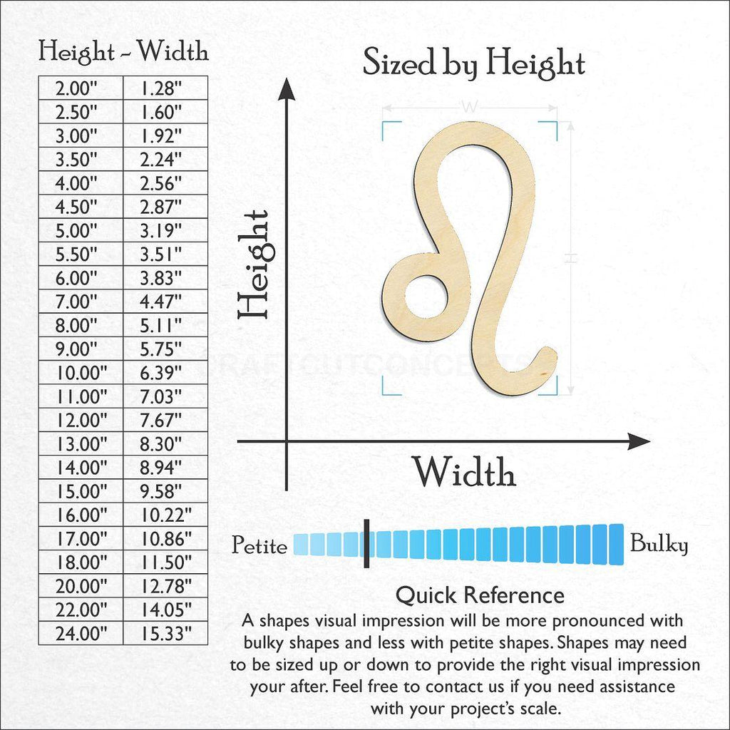 Sizes available for a laser cut Zodiac - Leo craft blank