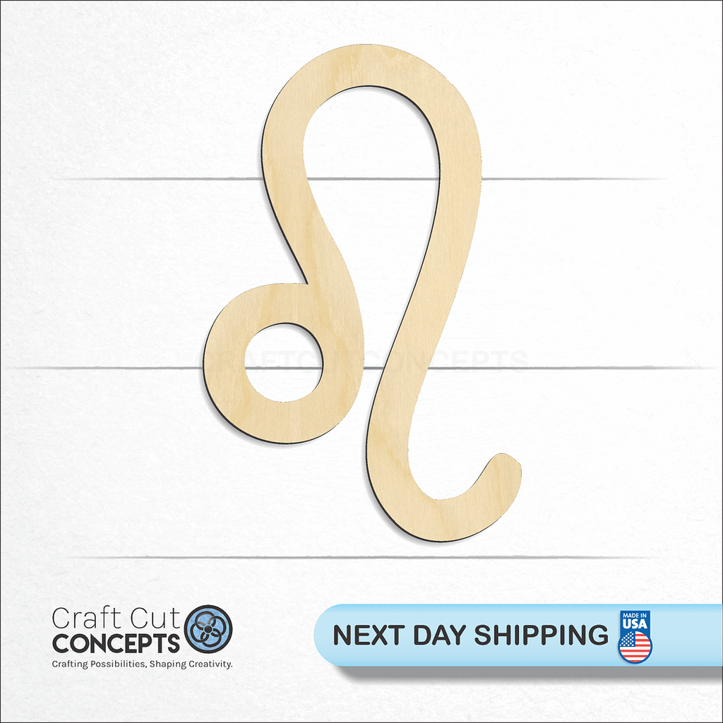 Craft Cut Concepts logo and next day shipping banner with an unfinished wood Zodiac - Leo craft shape and blank