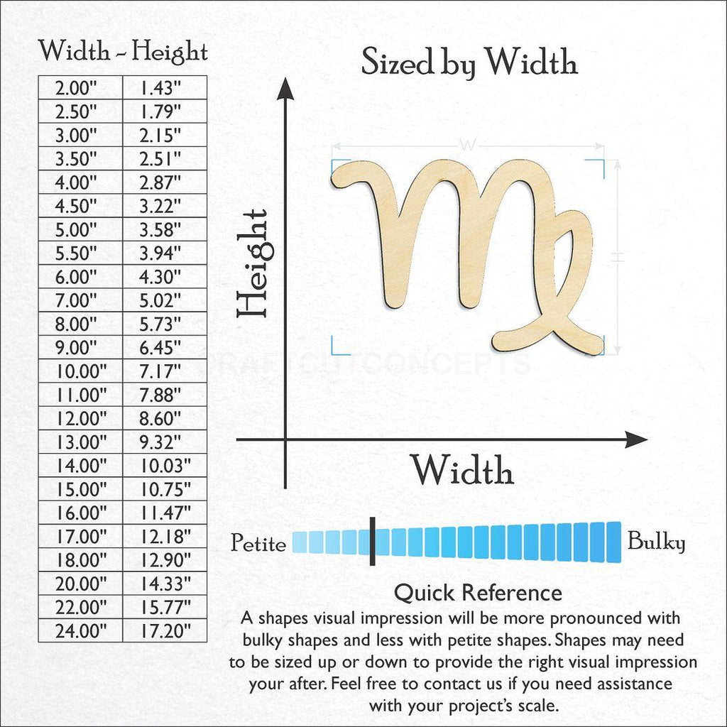 Sizes available for a laser cut Zodiac - Virgo craft blank