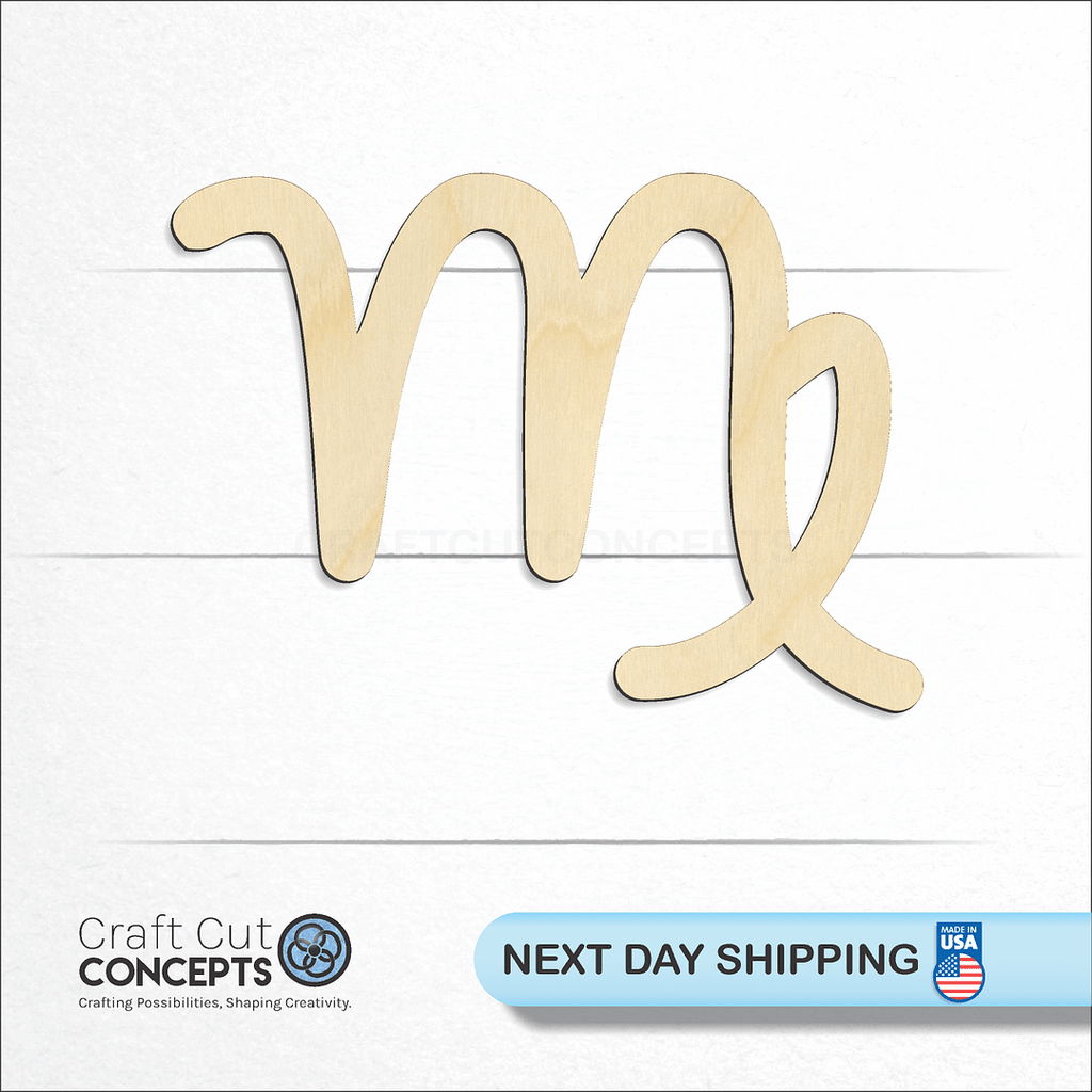 Craft Cut Concepts logo and next day shipping banner with an unfinished wood Zodiac - Virgo craft shape and blank