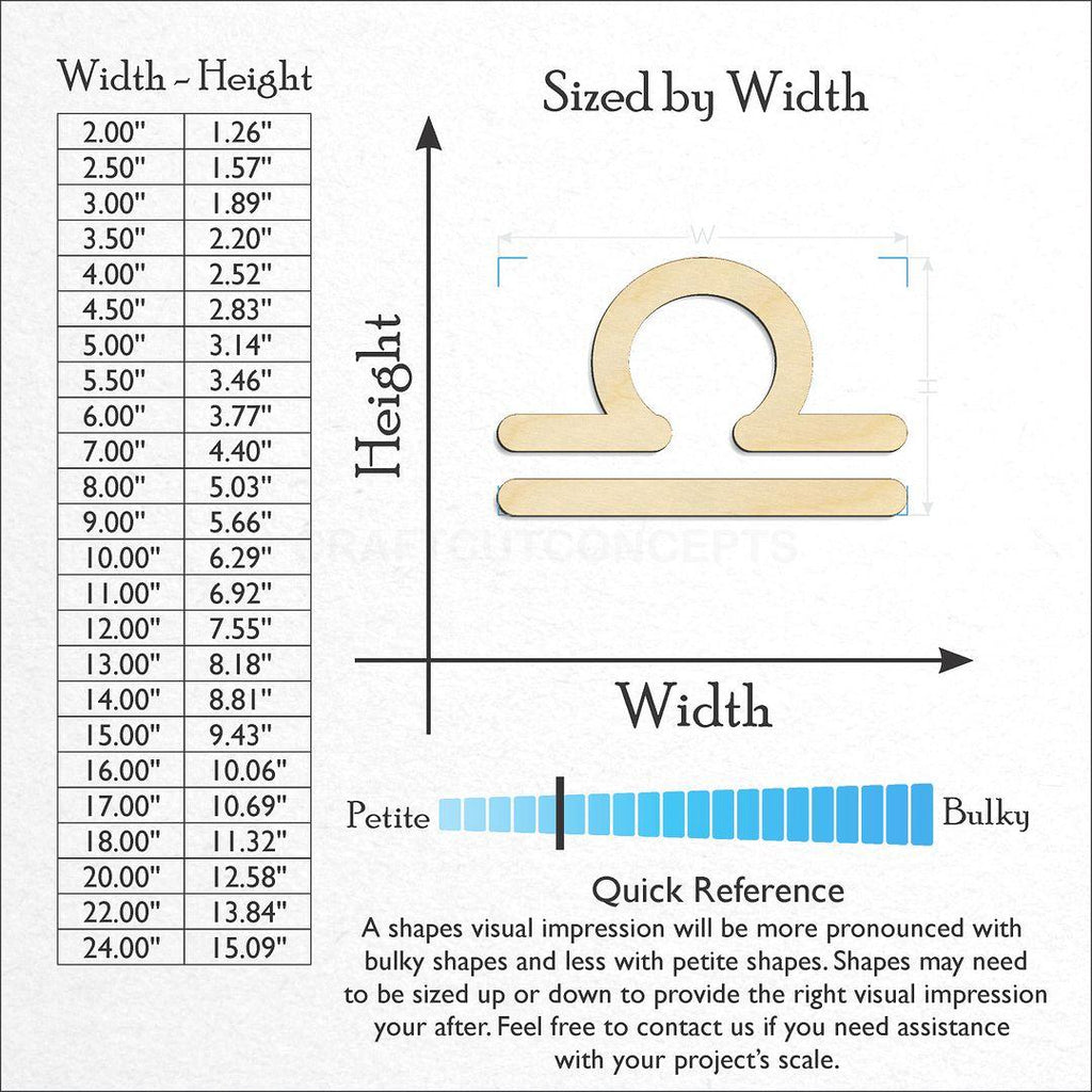 Sizes available for a laser cut Zodiac - Libra craft blank