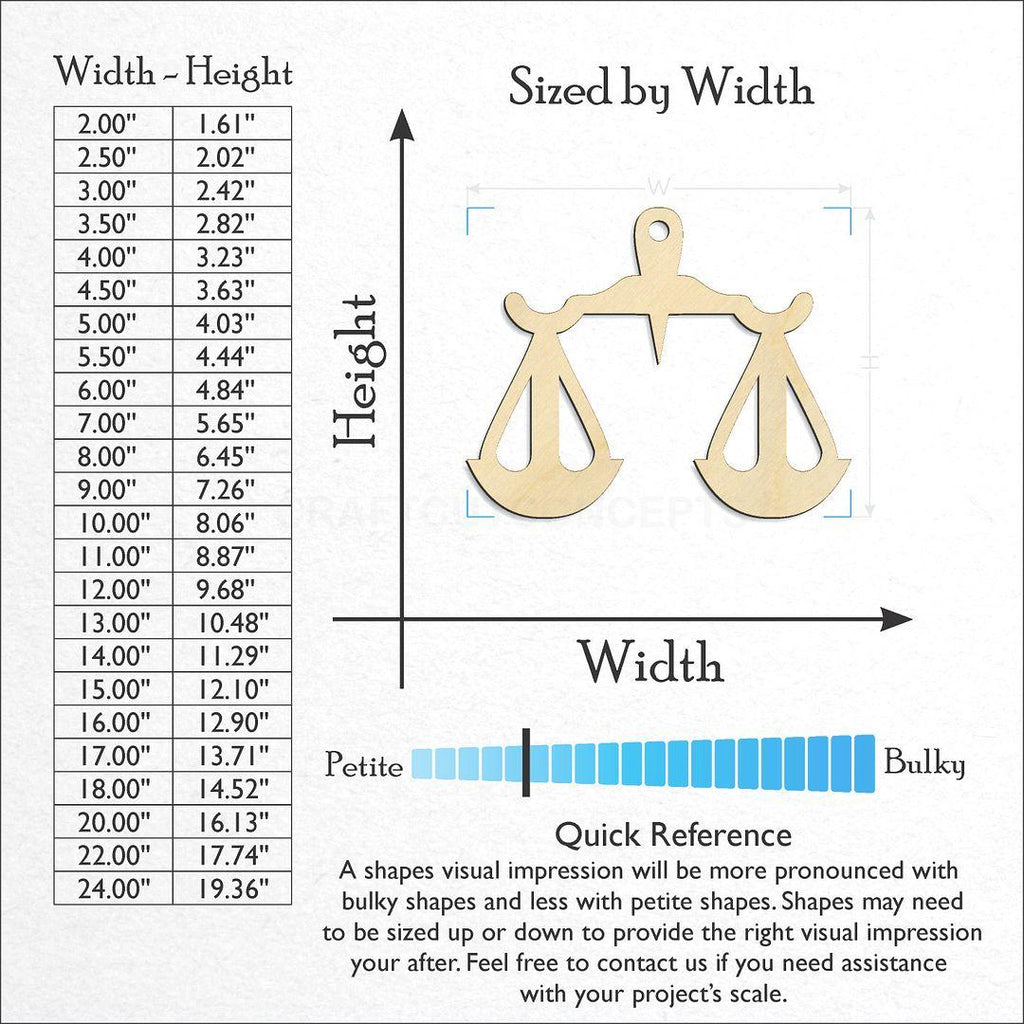 Sizes available for a laser cut Zodiac - Libra craft blank