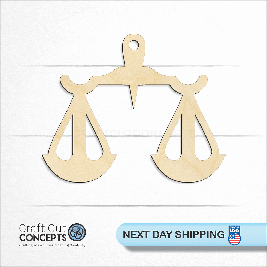 Craft Cut Concepts logo and next day shipping banner with an unfinished wood Zodiac - Libra craft shape and blank