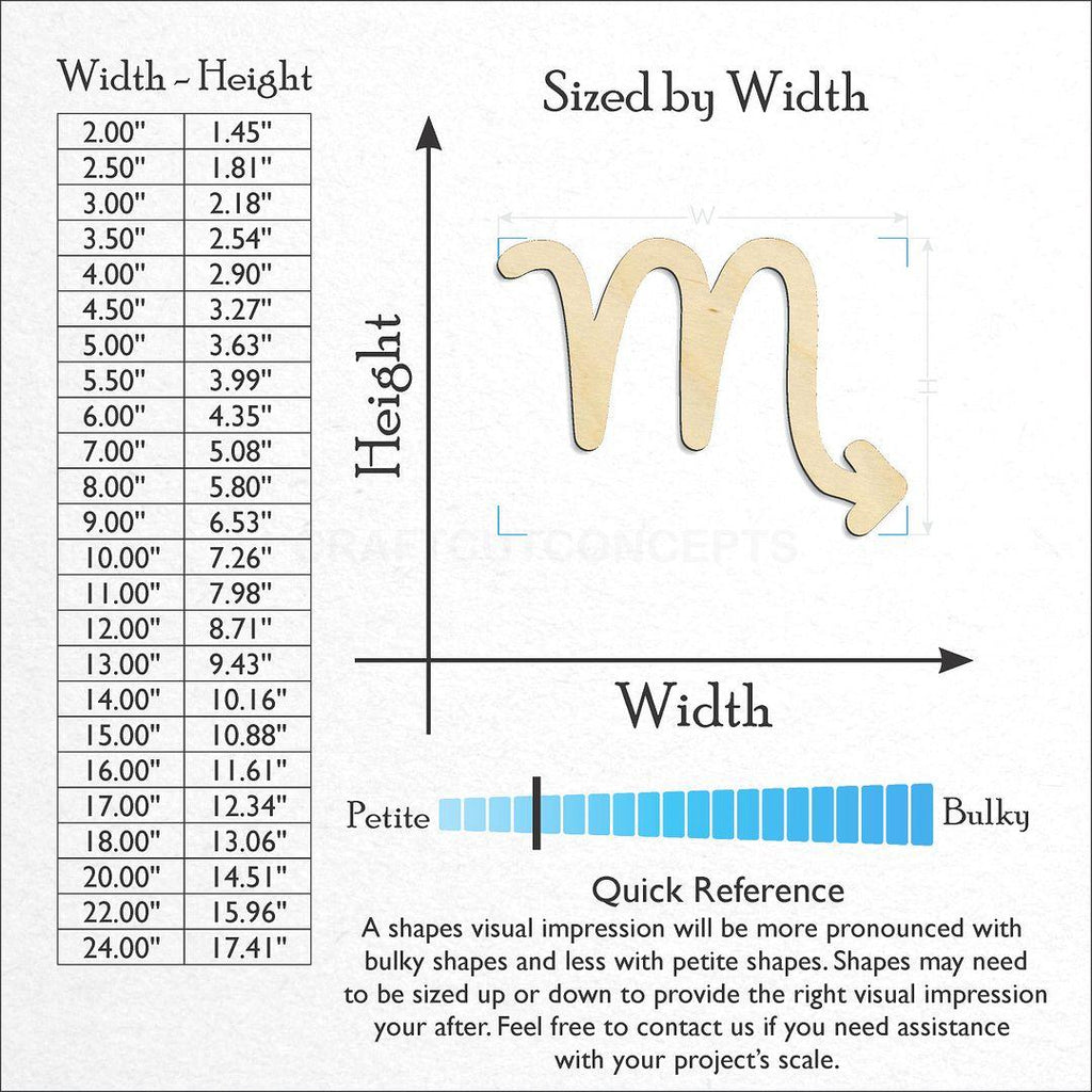 Sizes available for a laser cut Zodiac - Scorpio craft blank